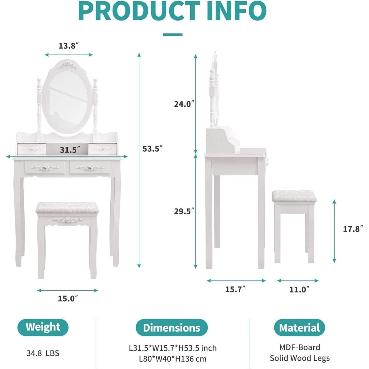 Wood Makeup Vanity Table Set With Detachable Mirror