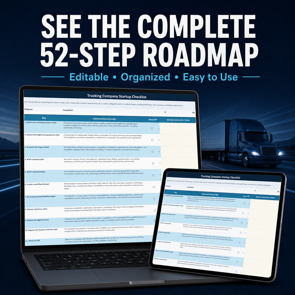 Trucking Company Startup Checklist | 52 - Step Digital Workbook