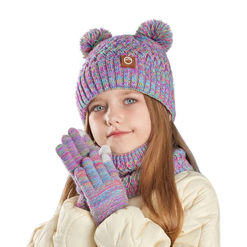 New Children Hats Scarf Gloves Set Cute Bear Colorful Knitted Hat Plus Velvet Warm Hoods Caps for Girls Baby Outdoor Accessories