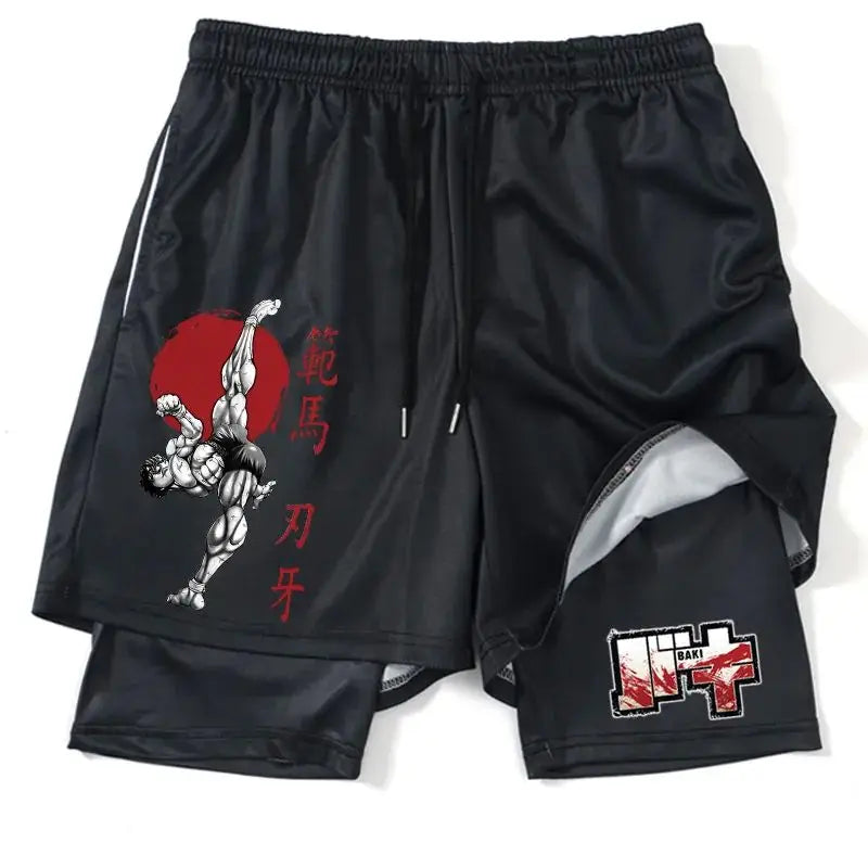 Japanese Anime Print Shorts Man Women Summer New Double-Layer 2-in-1 Shorts Gym Fitness Running Sports Pants Quick-Drying Shorts