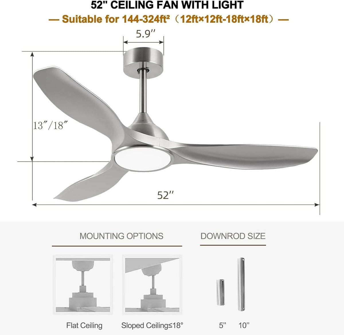 52 Inch Quiet DC Motor Ceiling Fan With LED Lights Remote Control