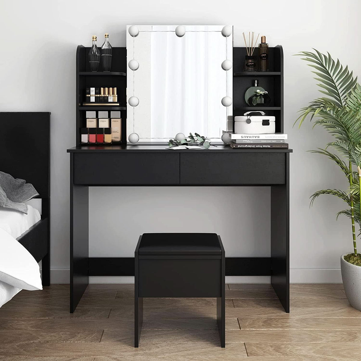 Black Vanity Set With 10 Lights For Bedroom Storage
