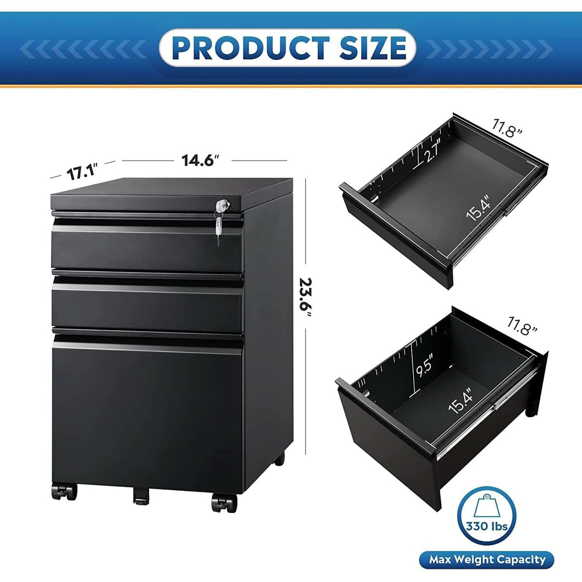 Compact Black Mobile Filing Cabinet Lockable With Drawers