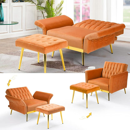 Orange Velvet Accent Chair With Adjustable Armrests And Backrest