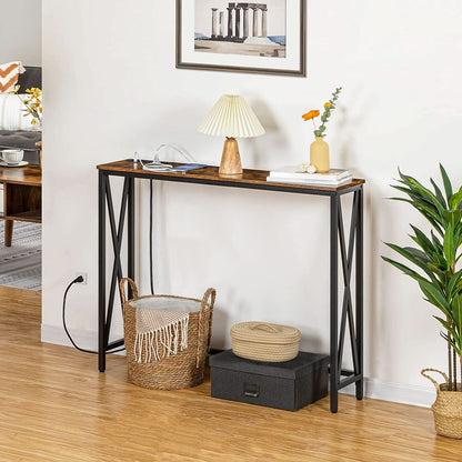 Rustic Brown Sofa Table With Power Outlet And USB Ports