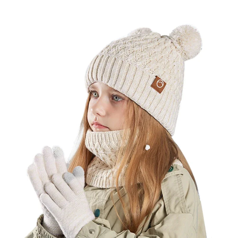 New Children Hats Scarf Gloves Set Cute Bear Colorful Knitted Hat Plus Velvet Warm Hoods Caps for Girls Baby Outdoor Accessories