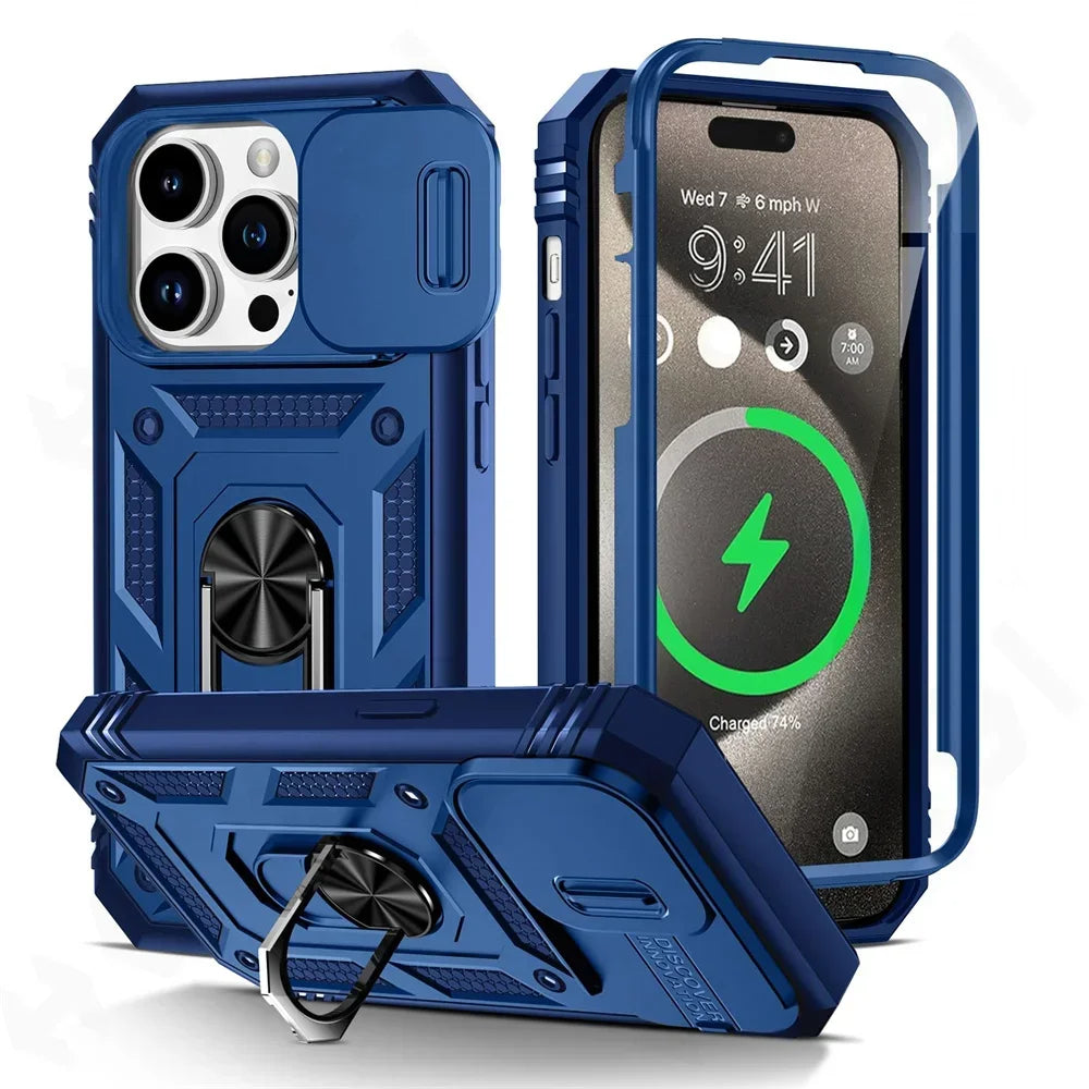 Case For iPhone 16 15 14 13 12 11 Pro XS Max XR Plus Camera Slide Military Grade Armor Protection 360 Degree Rotate Armor Cover
