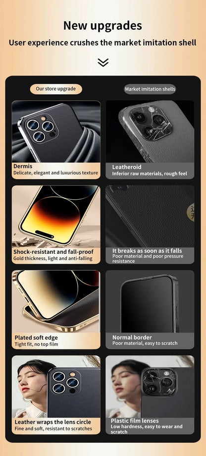 Genuine Cowhide Leather Phone Case for iPhone 16 15 11 12 13 14 Pro Max Luxury Plating Shockproof Lens Protection Back Cover