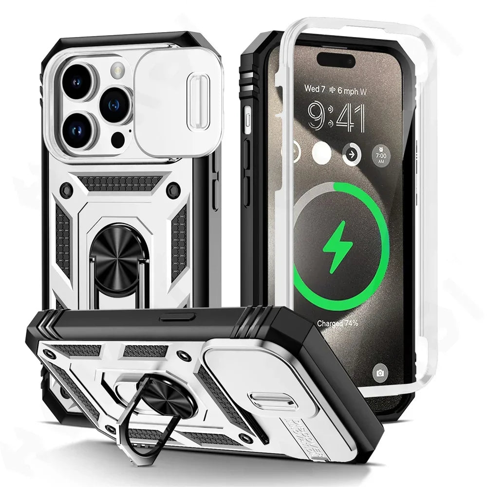 Case For iPhone 16 15 14 13 12 11 Pro XS Max XR Plus Camera Slide Military Grade Armor Protection 360 Degree Rotate Armor Cover