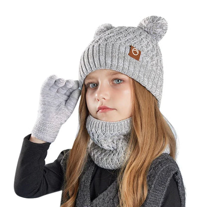 New Children Hats Scarf Gloves Set Cute Bear Colorful Knitted Hat Plus Velvet Warm Hoods Caps for Girls Baby Outdoor Accessories