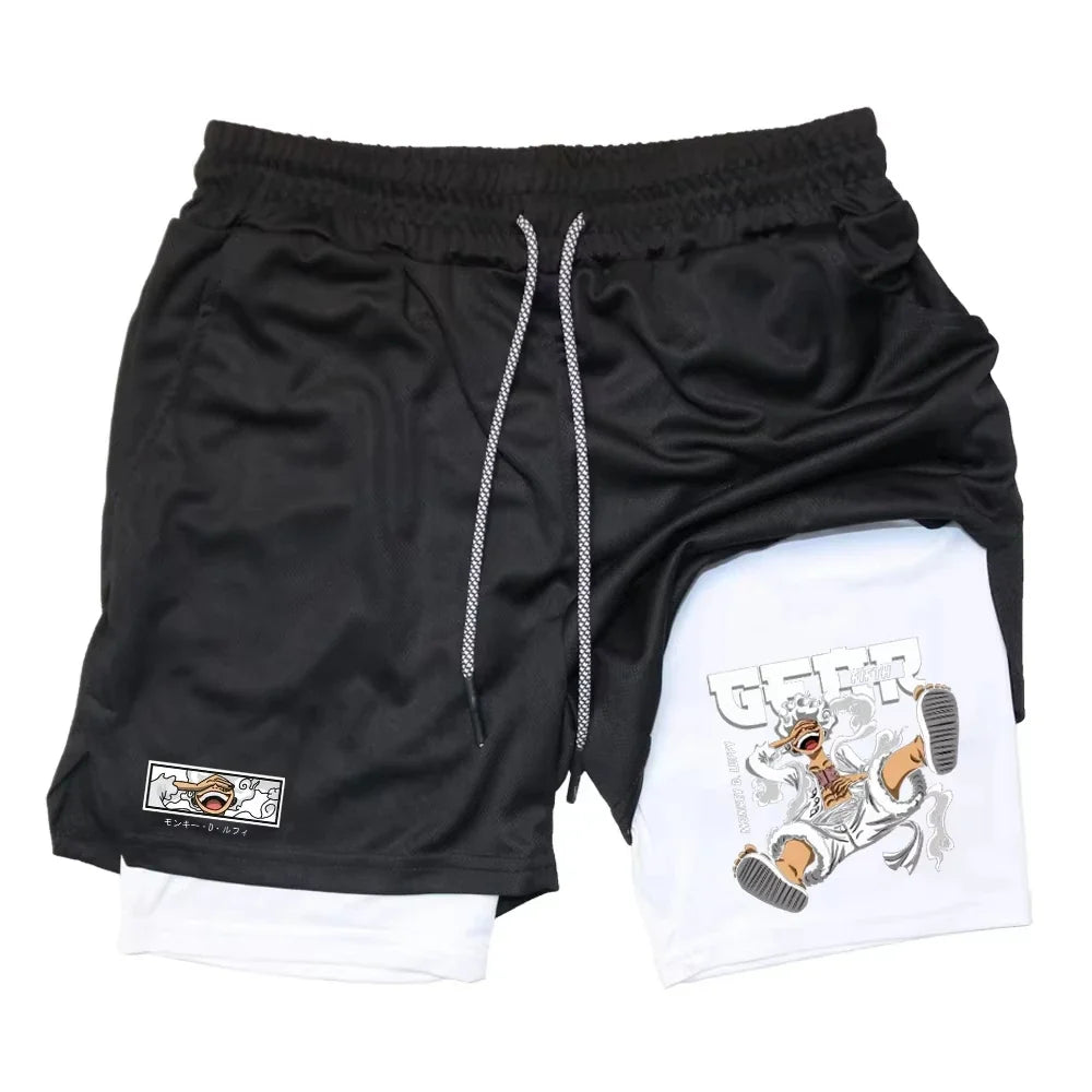 Japanese Anime Print Shorts Man Women Summer New Double-Layer 2-in-1 Shorts Gym Fitness Running Sports Pants Quick-Drying Shorts