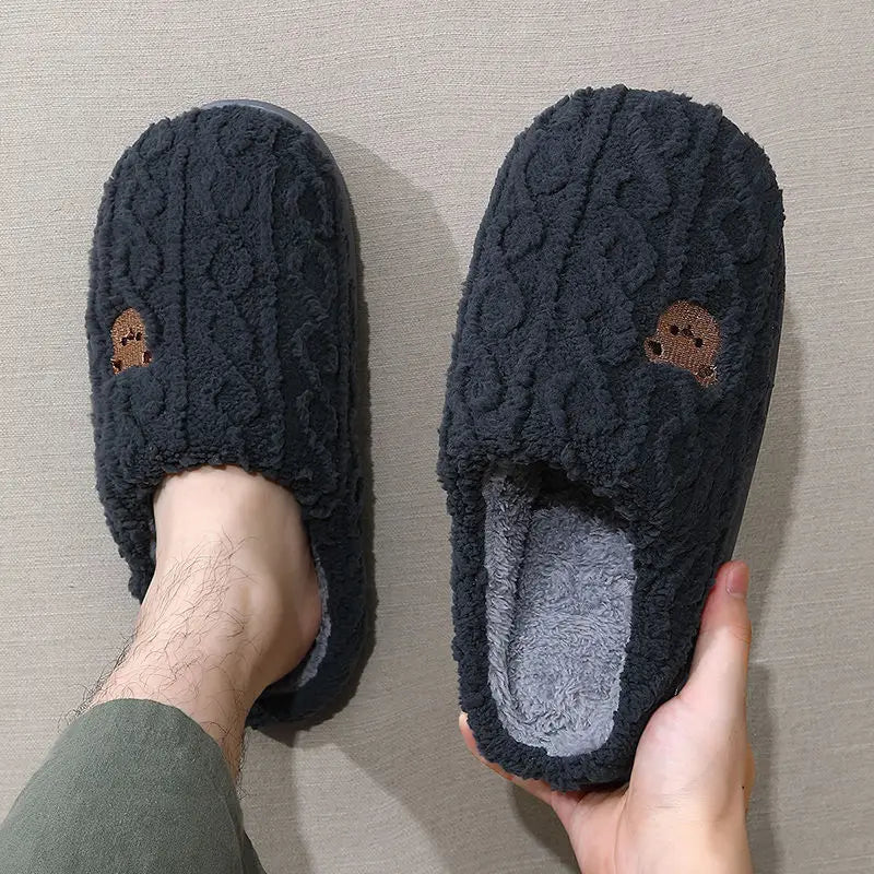 Winter Fluffy Shoes Women Cotton Slippers Cartoon Bear Thick Sole Warm Slides Men Female Couple House Indoor Plush Flat Shoes