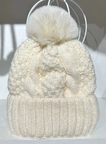 New Winter Twist Knitting Hat For Women Fur Pompom Thick Plush Cap Beanie Solid Color Ladies Warm Ski Snow Skullies Beanies