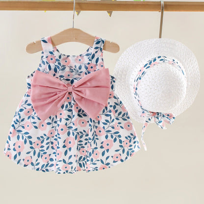 Summer New Girls Dress Halter Ribbon Ribbon Full Print Floral A-line Dress Birthday Party Team Dress + Hat Bow Ribbon