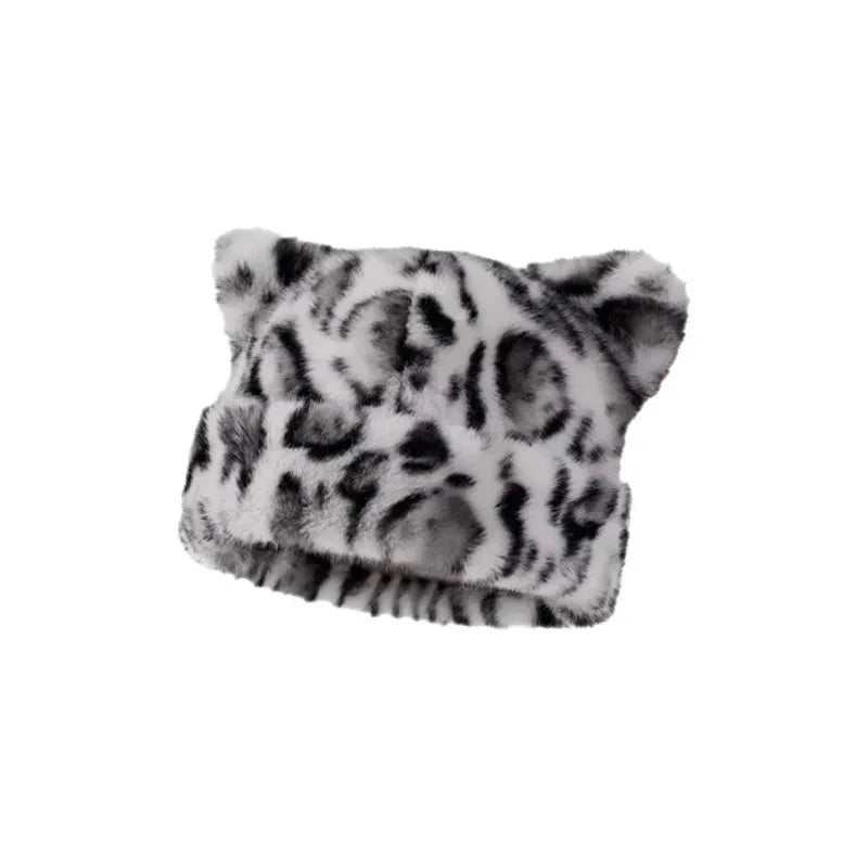 Leopard print plush teddy bear hat for women, sweet and cute, thick and warm, retro and versatile, hooded beanie.