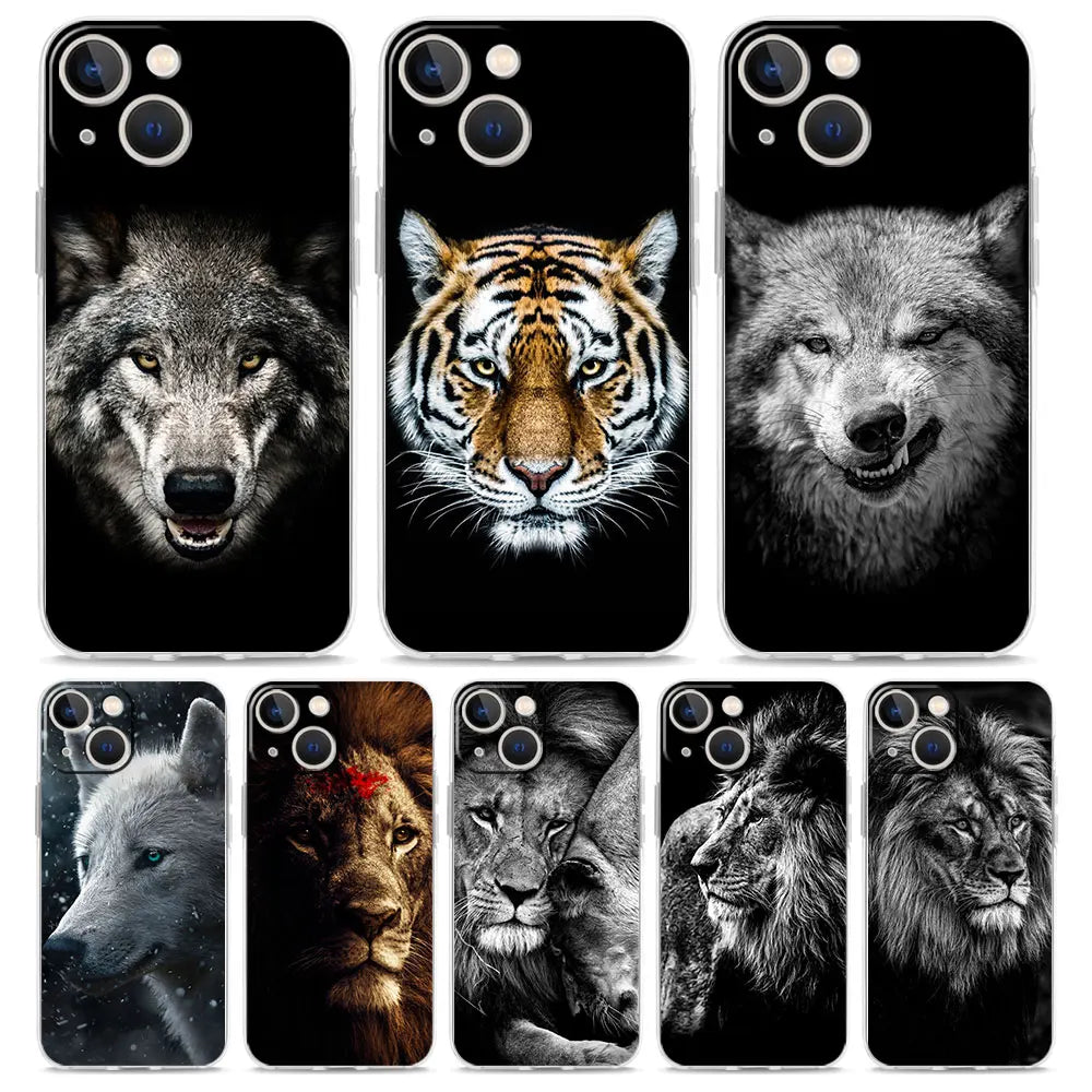 Luxury Transparent Phone Case For iPhone 15 14 13 12 11 Pro Max XS X XR 7 8 Plus Clear Cover Black Cheetah Tiger Lion Animals