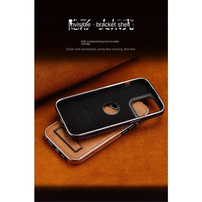 Invisible Fold Stand Phone Case with Electroplated Bezel for iPhone 16 15 14 Plus 13 12 11 Pro Max Ultra Thin PU Leather Cover