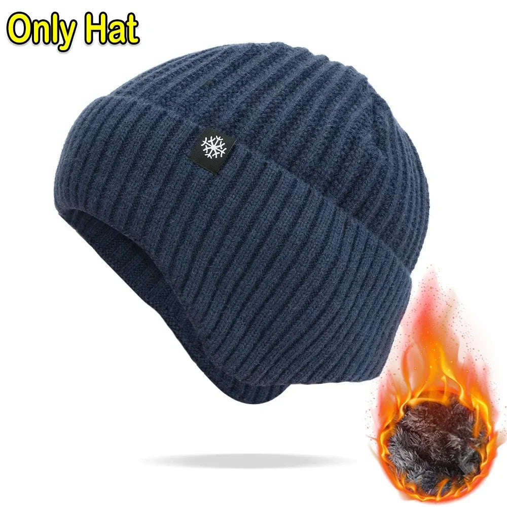 Outdoor Men Winter Knitted Hat Plush Warmth Peaked Cap Earmuff Casual Fashion Faux Fur Lined Bomber Hats Cycling Ear Protection