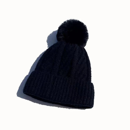 New Winter Twist Knitting Hat For Women Fur Pompom Thick Plush Cap Beanie Solid Color Ladies Warm Ski Snow Skullies Beanies