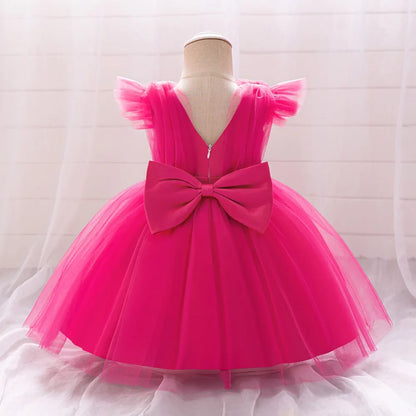 Toddler Bow Girls Party Dress Halloween Prom Gown Girl Fly Sleeves 1st Birthday Wedding Princess Dresses Kids Clothing 1-4 Years