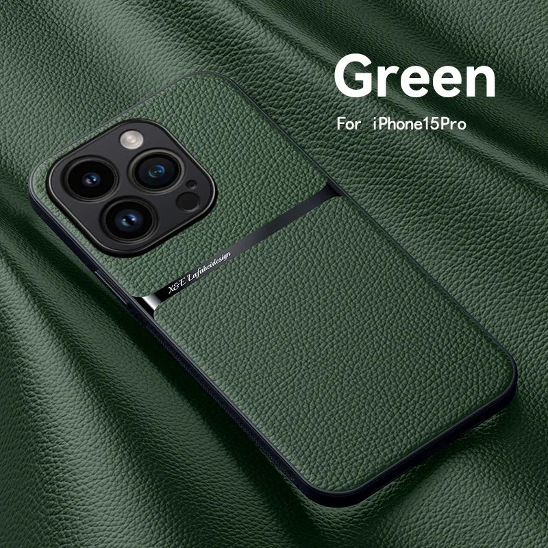 For iPhone15 Pro Max Luxury Leather Cover For iPhone 14 13 12 11 Plus Car Holder Case Magnetic Silicone Shockproof