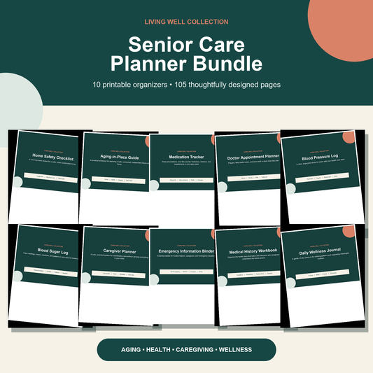 Senior Care Planner Bundle | 10 Aging-in-Place Printables | Medication, Health, Caregiver, Emergency & Wellness Trackers