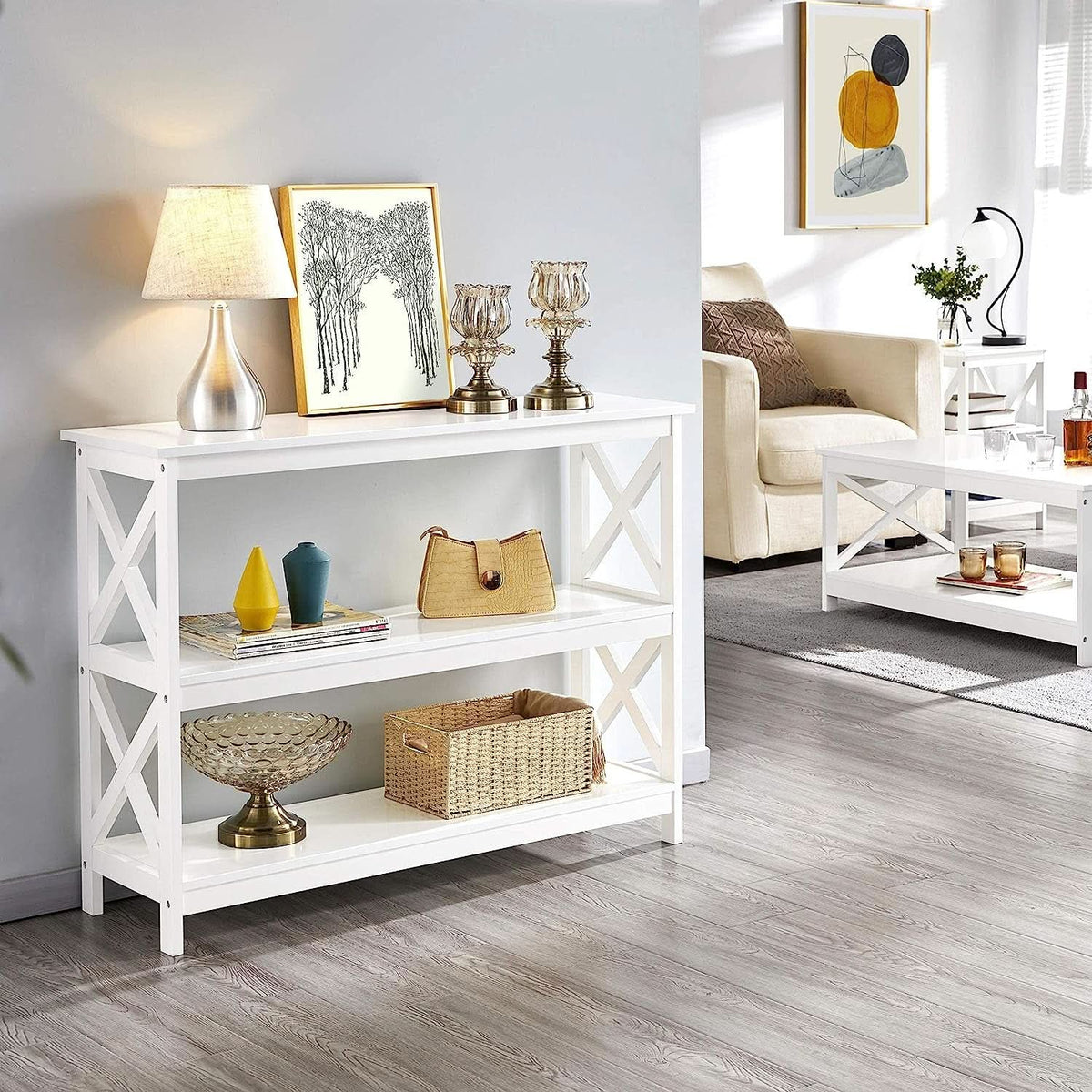 White Three Tier Console Table With Storage Shelves