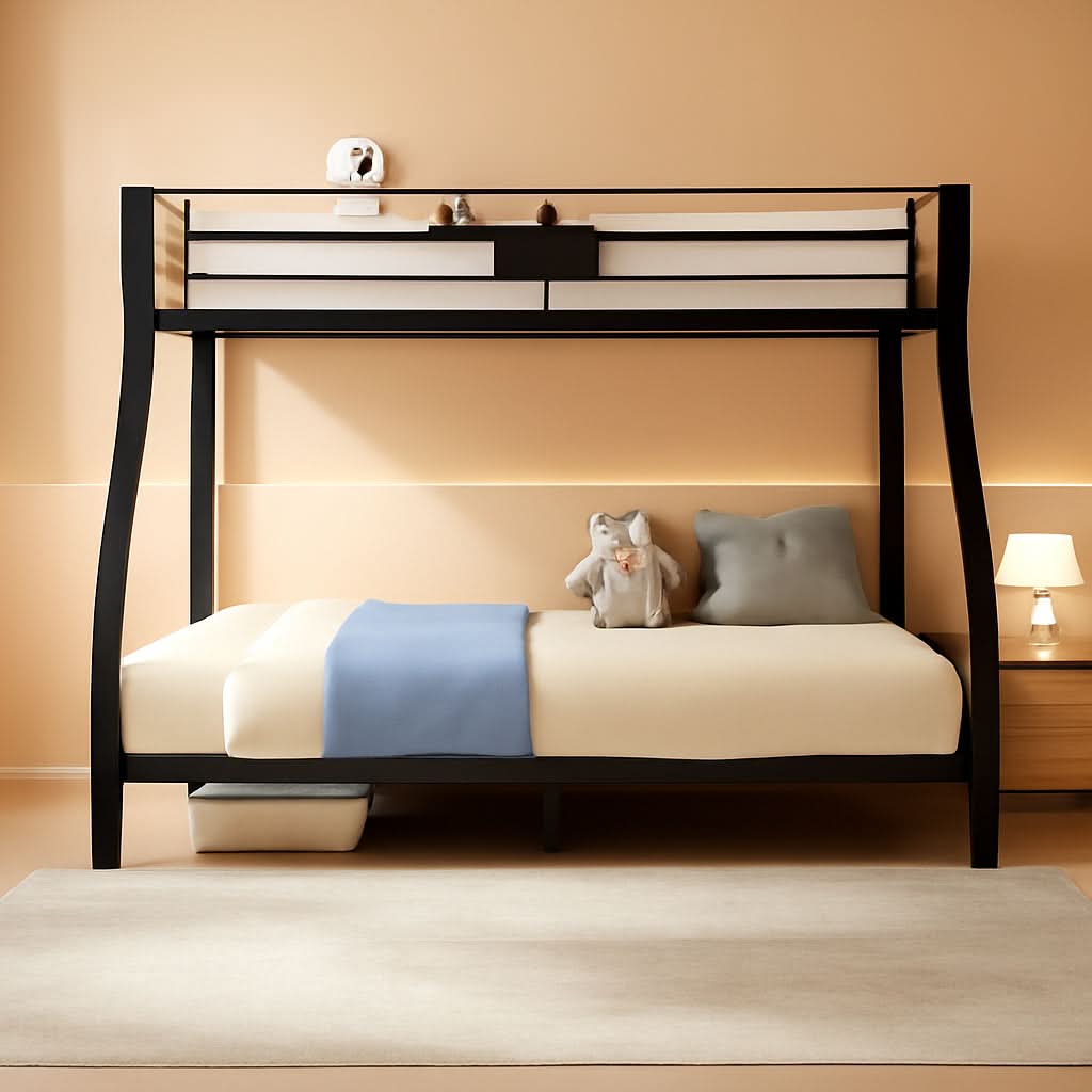 Twin XL Queen Bunk Bed In Sandy Black Finish Metal Slats
