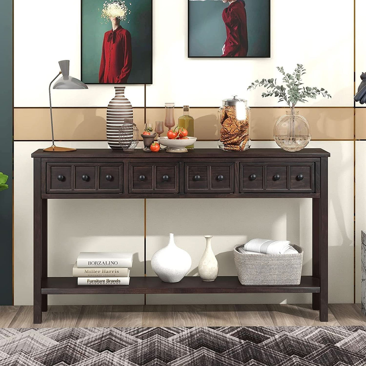 Rustic 60 Inch Console Table With Drawers And Shelf